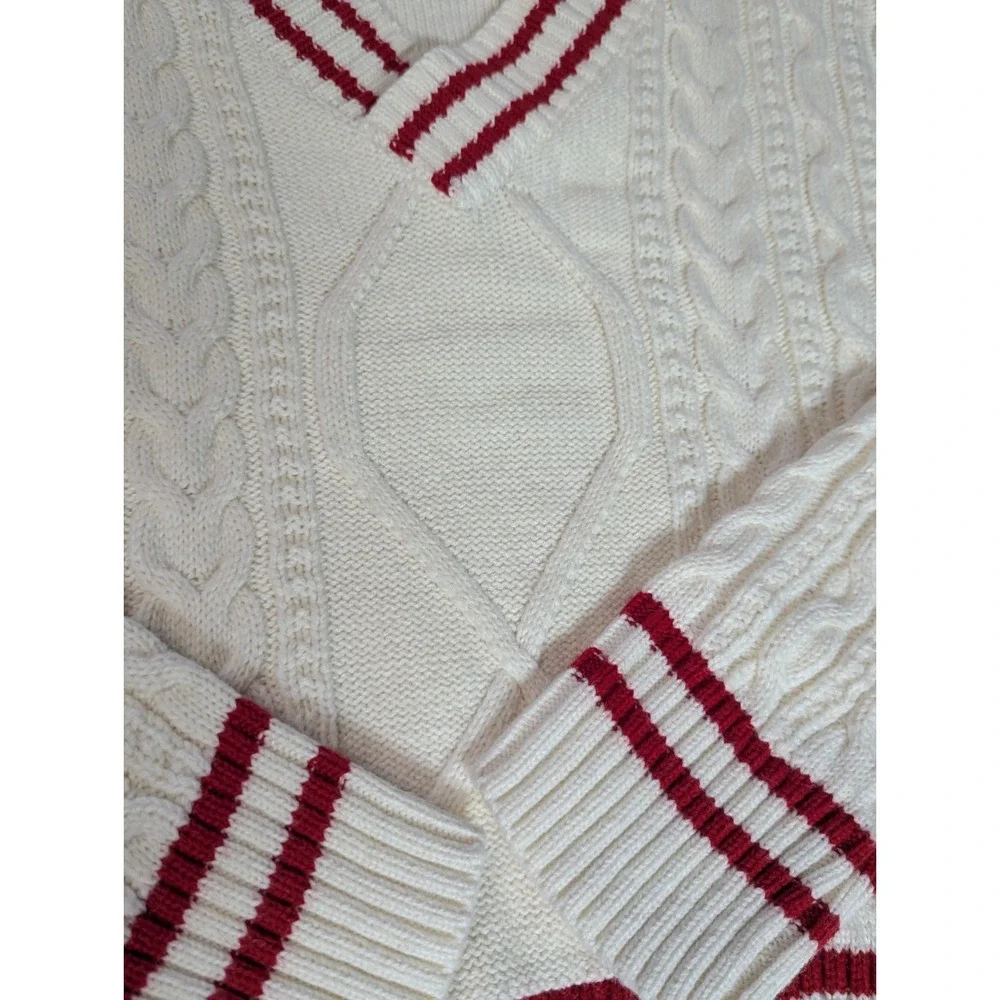 mi ami for francesca's V-Neck Cable Knit Sweater Red & Cream Varsity XS - Picture 10 of 11